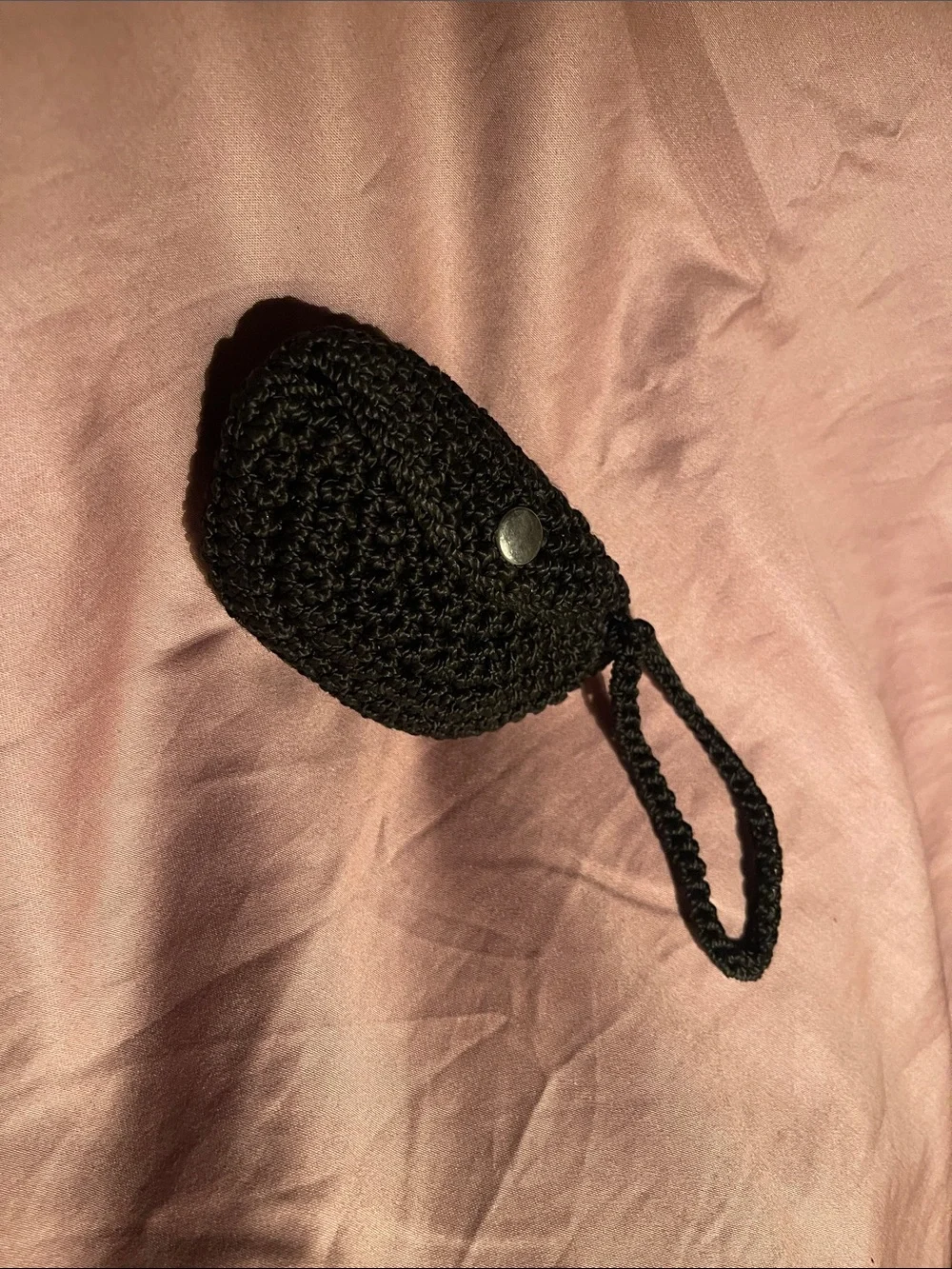 Versatile Black Crochet Wristlet Pouch for coins, folded currency AND AirPod.